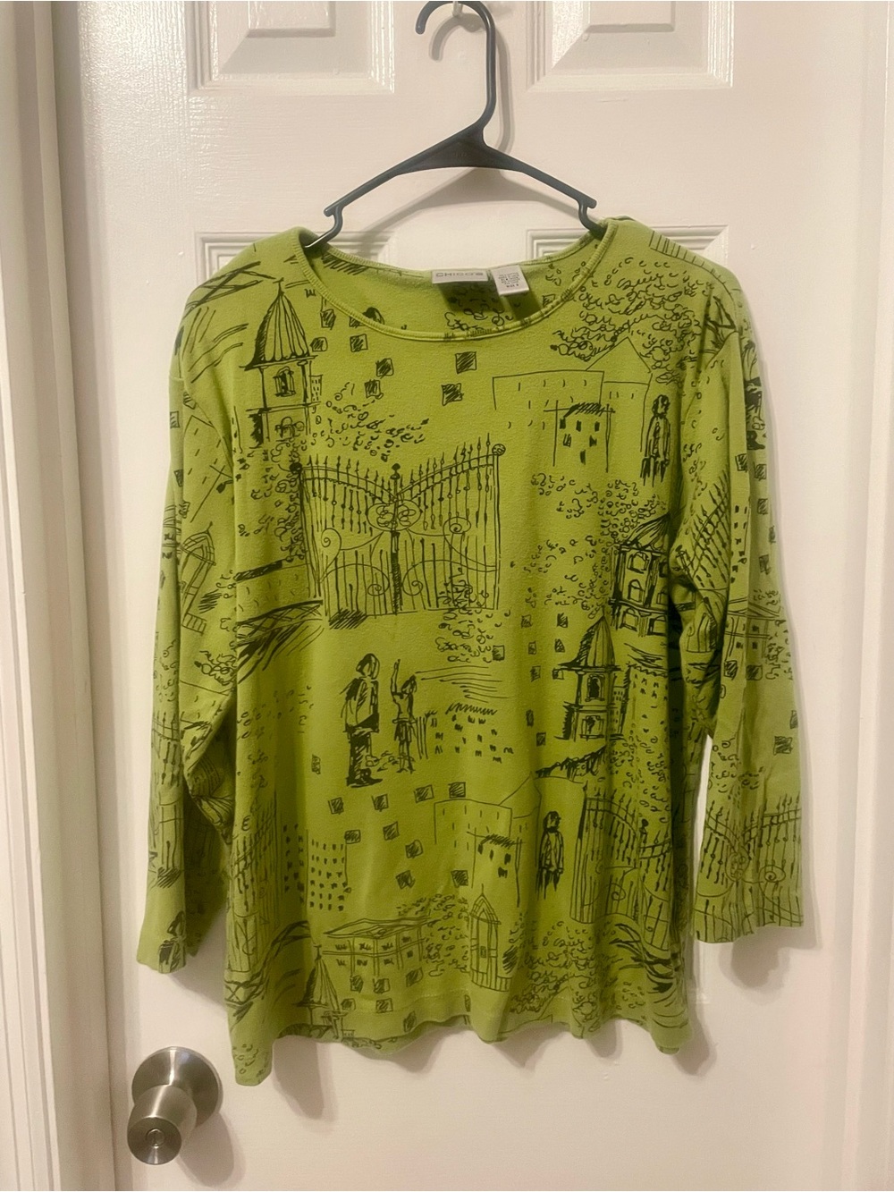 Chico's Lime Green Scenic Sketch Long-Sleeve Top